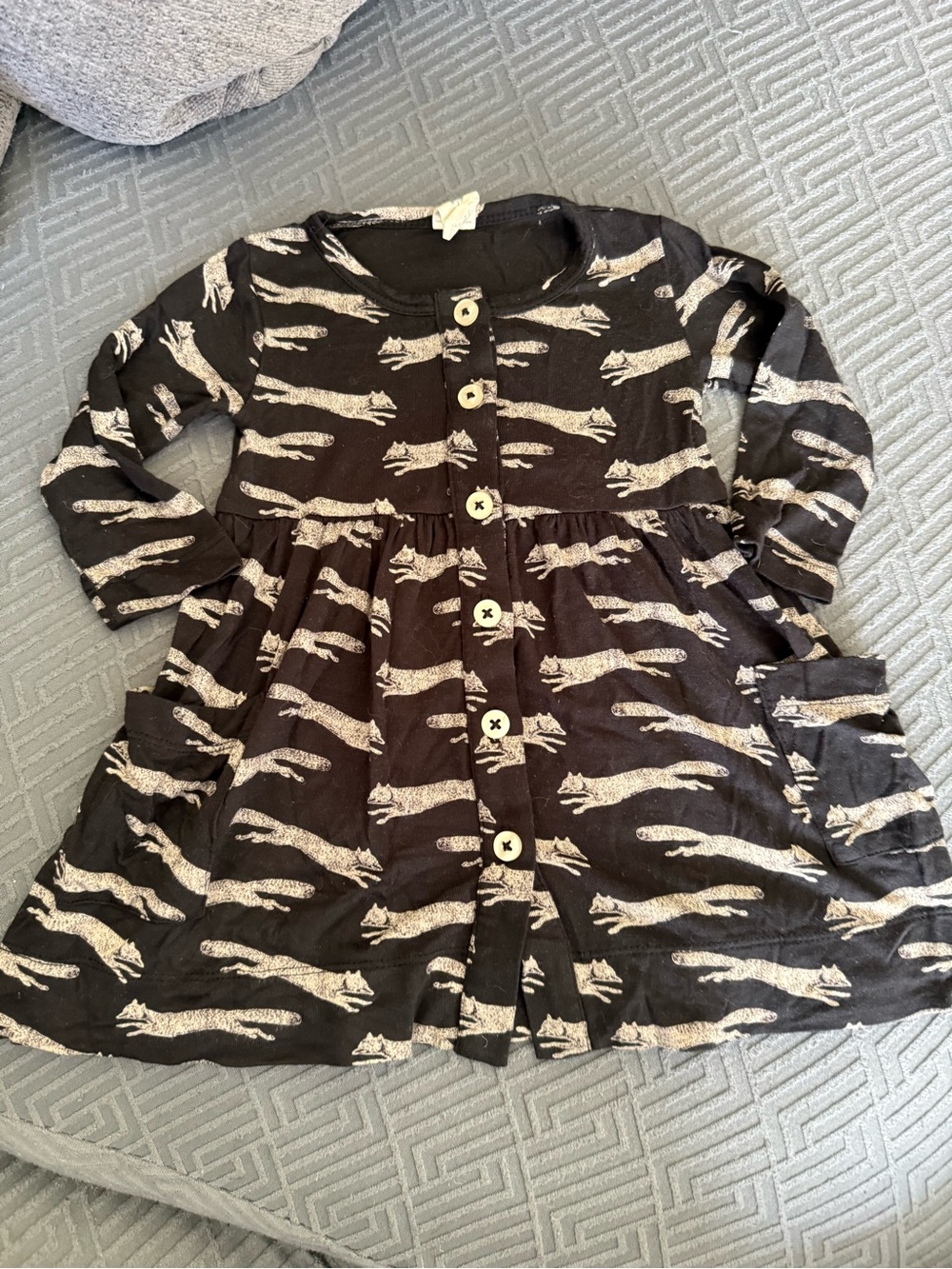 kate quinn long sleeve Black twirl Dress with Cream Fox Print